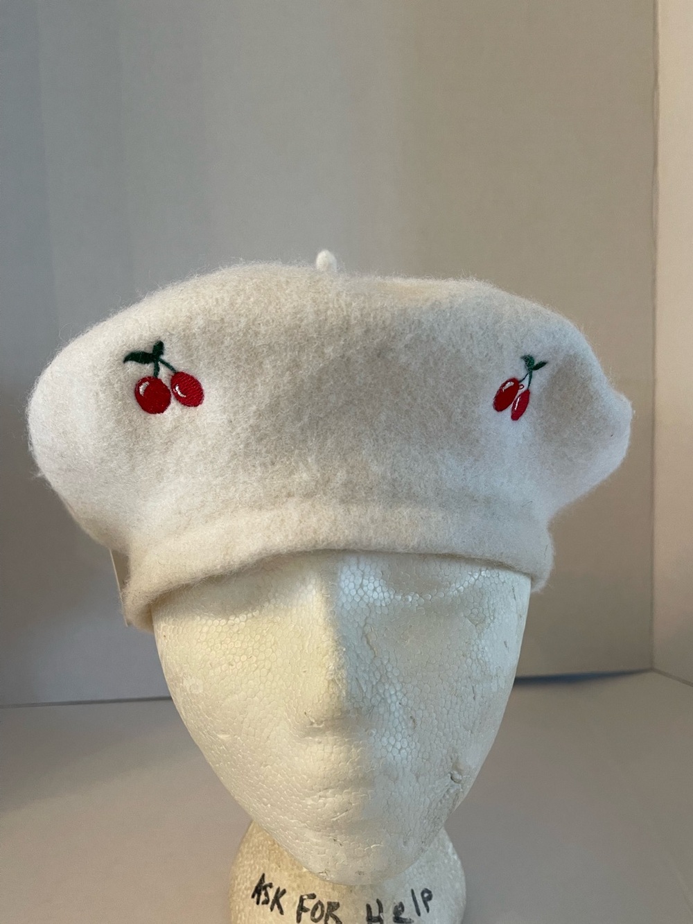 Cream Beret with Red Cherry Embroidery